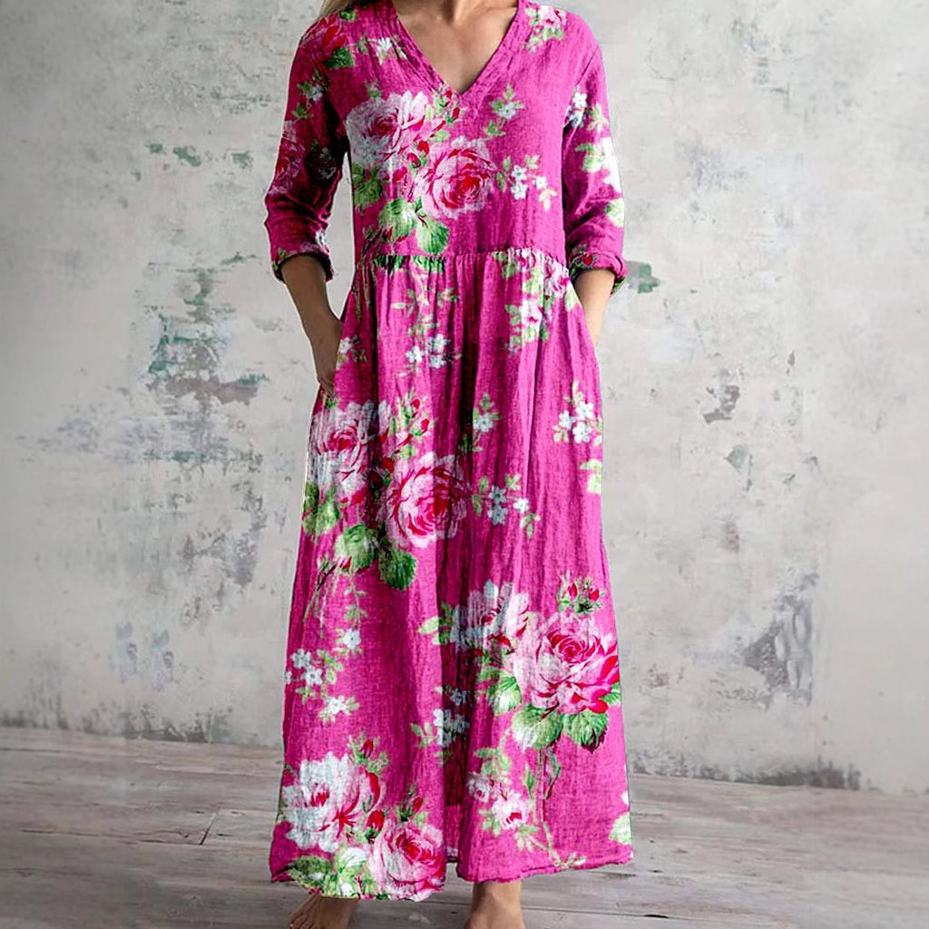 Lightweight Cotton Linen V Neck Long Dress Casual Fit