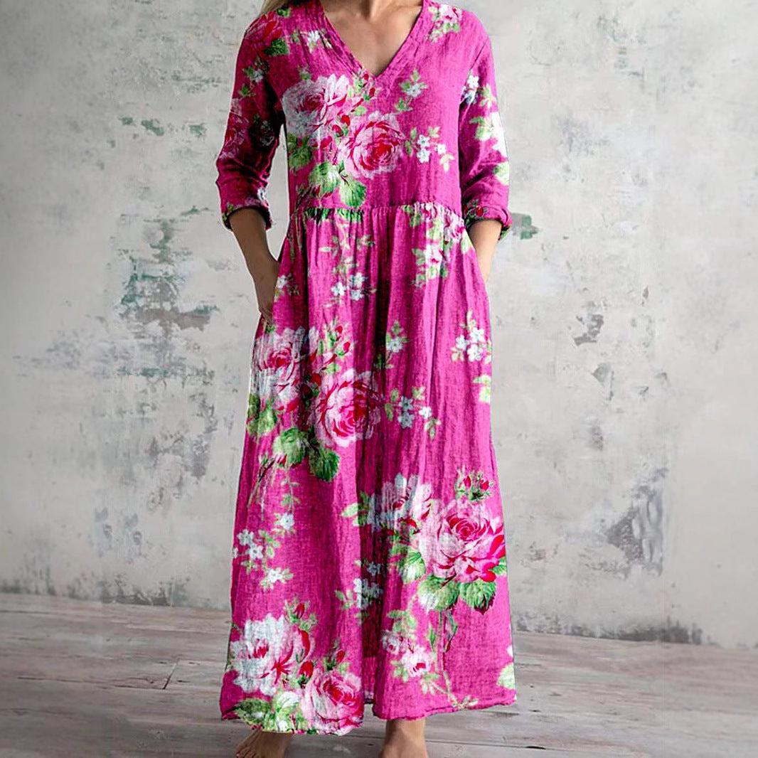 Lightweight Cotton Linen V Neck Long Dress Casual Fit