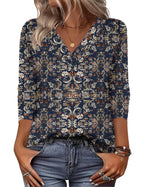 20 Colors Cross-Border European and American Women's Clothing Amazon 2025 Autumn Loose Casual Printed Long Sleeve V-Neck T-Shirt Top