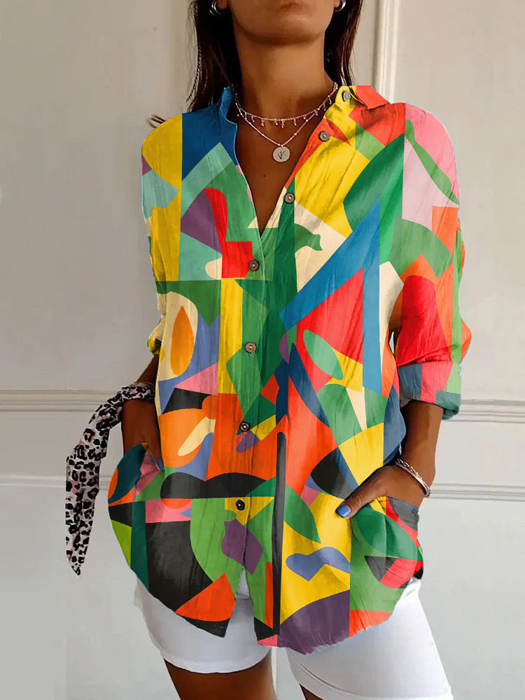 Relaxed Fit Women's Button Up Shirt Lightweight Patchwork Print