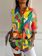 Relaxed Fit Women's Button Up Shirt Lightweight Patchwork Print