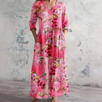 Lightweight Cotton Linen V Neck Long Dress Casual Fit