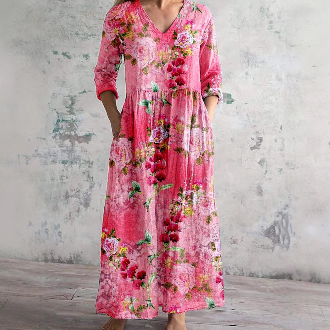 Lightweight Cotton Linen V Neck Long Dress Casual Fit