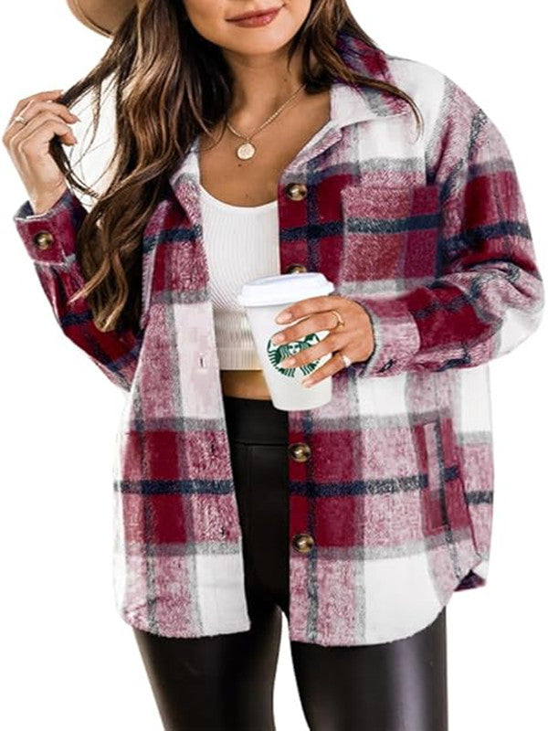 Women’s Plus Size Plaid Flannel Shacket Button-Down Jacket