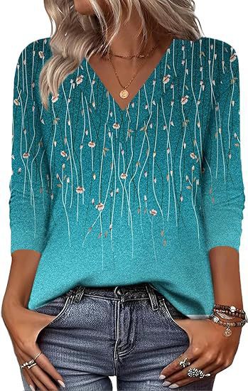 20 Colors Cross-Border European and American Women's Clothing Amazon 2025 Autumn Loose Casual Printed Long Sleeve V-Neck T-Shirt Top