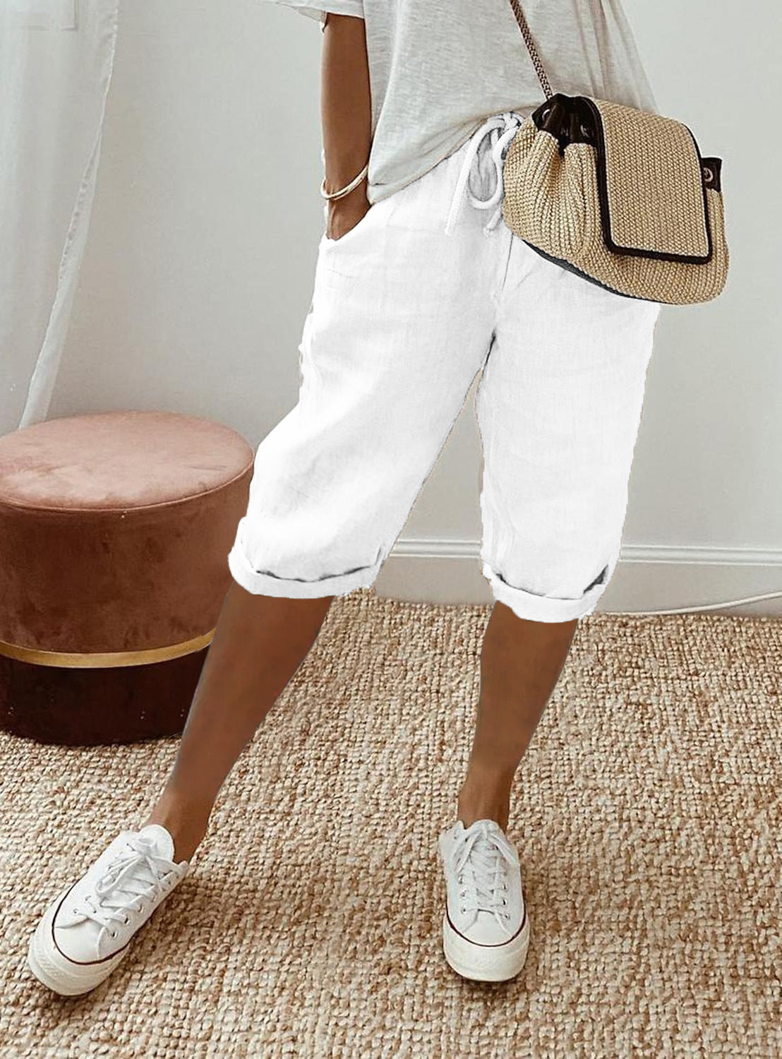Lightweight Cotton Linen Cropped Pants Relaxed Fit Casual