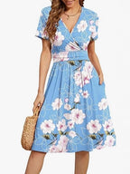 V Neck A Line Mid Calf Dress Women Casual