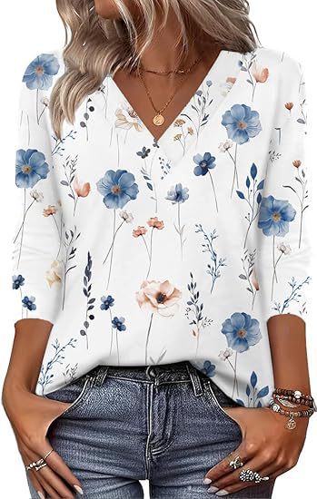 20 Colors Cross-Border European and American Women's Clothing Amazon 2025 Autumn Loose Casual Printed Long Sleeve V-Neck T-Shirt Top