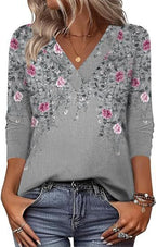 20 Colors Cross-Border European and American Women's Clothing Amazon 2025 Autumn Loose Casual Printed Long Sleeve V-Neck T-Shirt Top