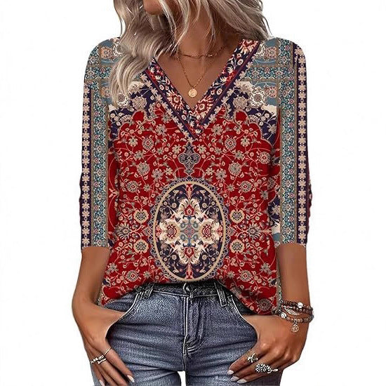 20 Colors Cross-Border European and American Women's Clothing Amazon 2025 Autumn Loose Casual Printed Long Sleeve V-Neck T-Shirt Top