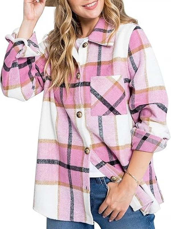 Women’s Plus Size Plaid Flannel Shacket Button-Down Jacket