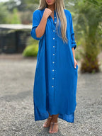 Cotton Linen Long Sleeve Shirt Dress Relaxed Fit