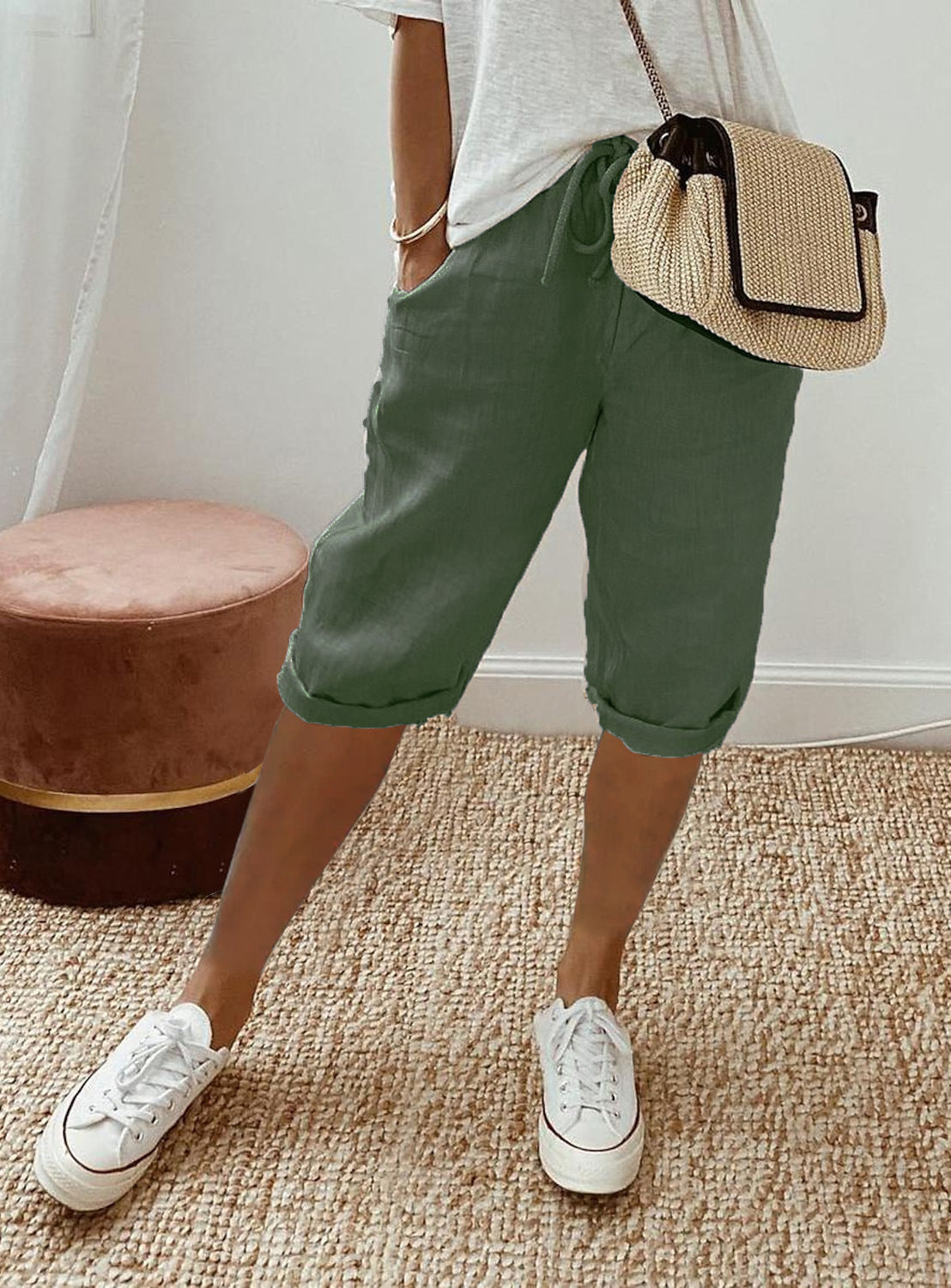 Lightweight Cotton Linen Cropped Pants Relaxed Fit Casual