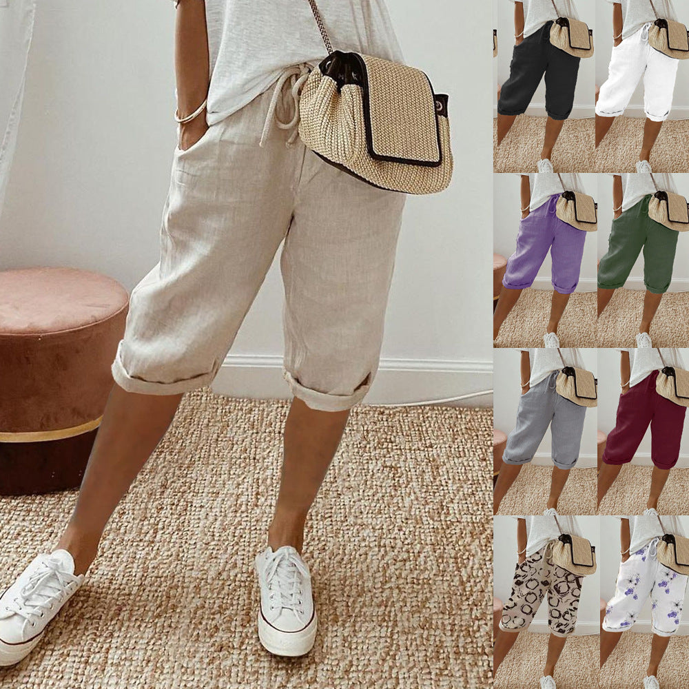 Lightweight Cotton Linen Cropped Pants Relaxed Fit Casual
