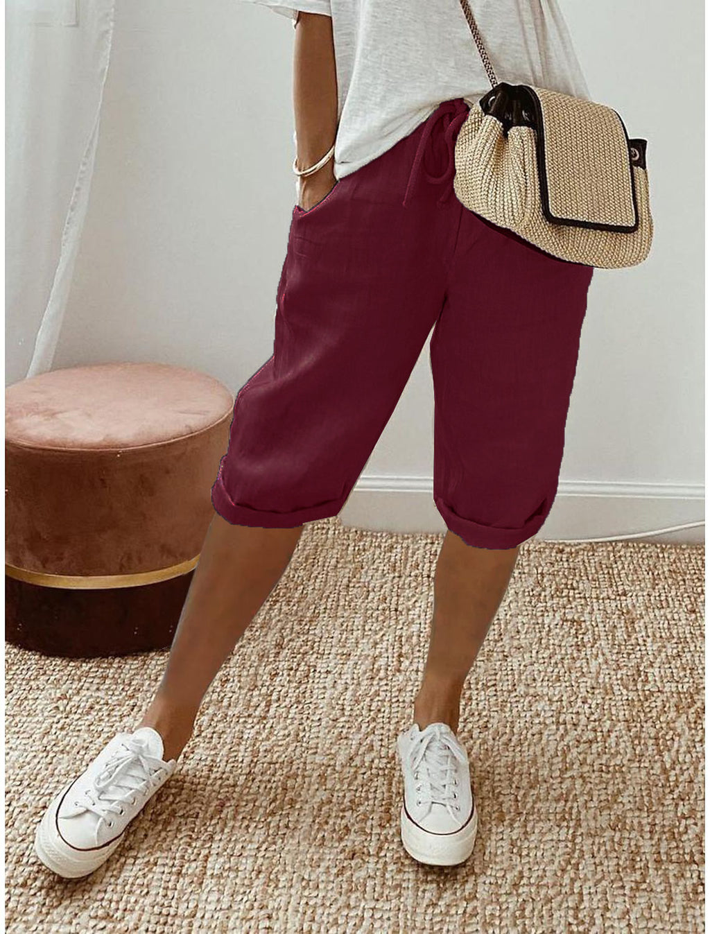 Lightweight Cotton Linen Cropped Pants Relaxed Fit Casual