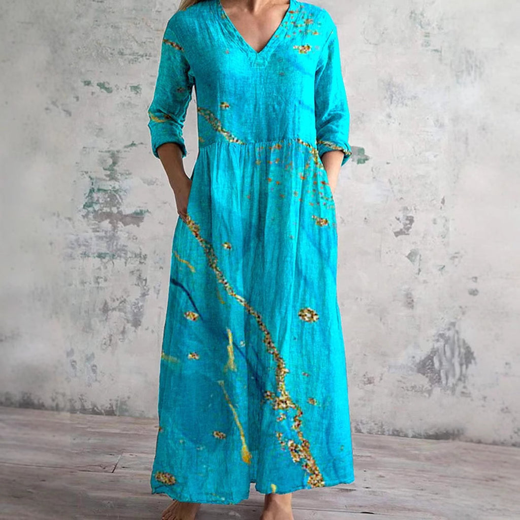 Lightweight Cotton Linen V Neck Long Dress Casual Fit