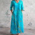Lightweight Cotton Linen V Neck Long Dress Casual Fit