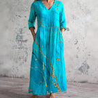 Lightweight Cotton Linen V Neck Long Dress Casual Fit
