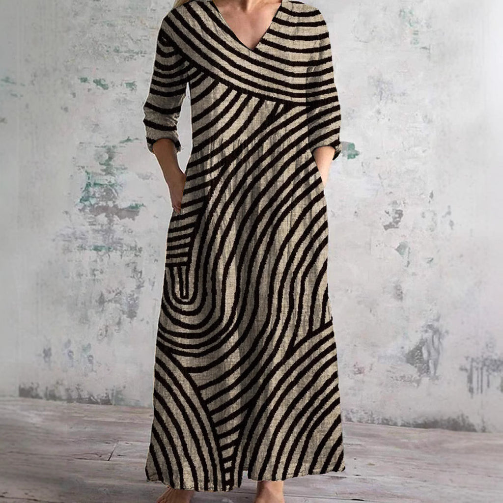 Lightweight Cotton Linen V Neck Long Dress Casual Fit