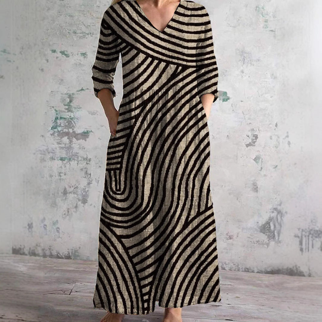 Lightweight Cotton Linen V Neck Long Dress Casual Fit