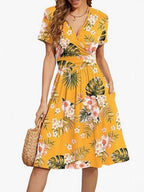 V Neck A Line Mid Calf Dress Women Casual