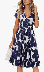 V Neck A Line Mid Calf Dress Women Casual