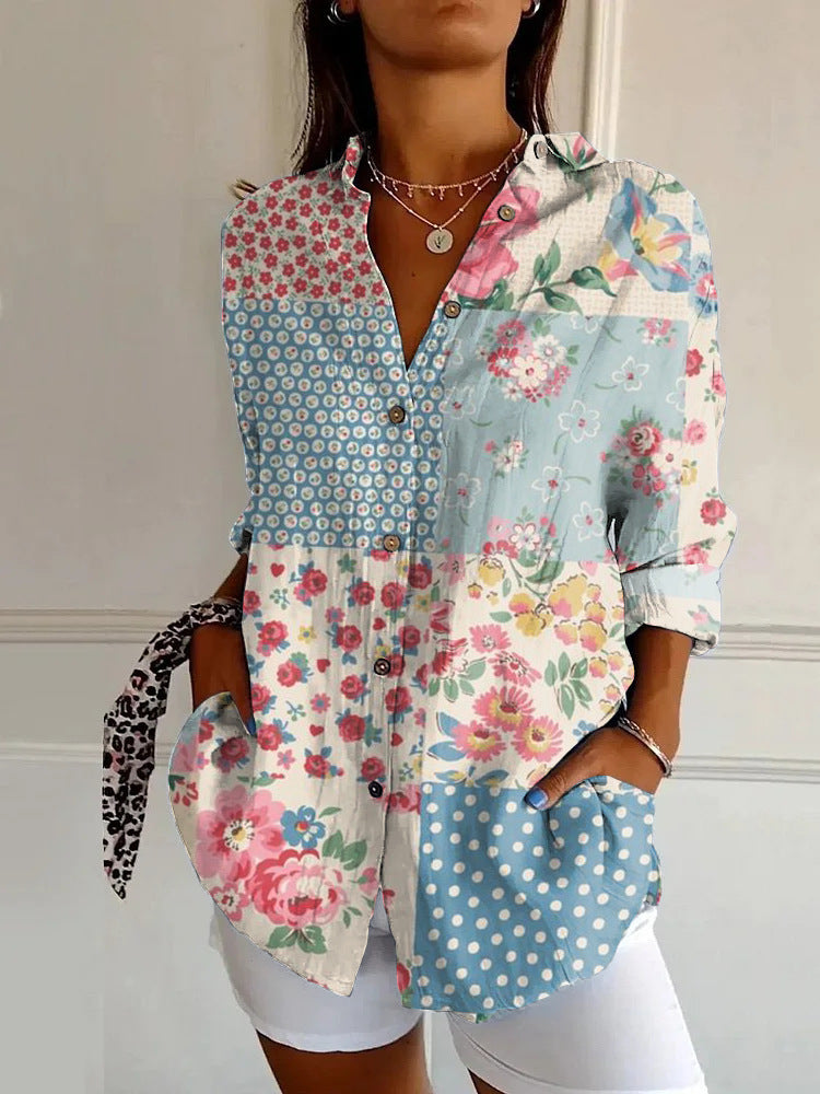 Relaxed Fit Women's Button Up Shirt Lightweight Patchwork Print