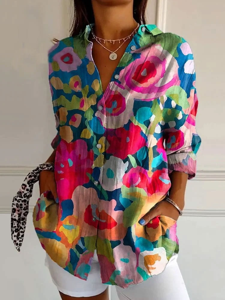 Relaxed Fit Women's Button Up Shirt Lightweight Patchwork Print