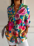 Relaxed Fit Women's Button Up Shirt Lightweight Patchwork Print