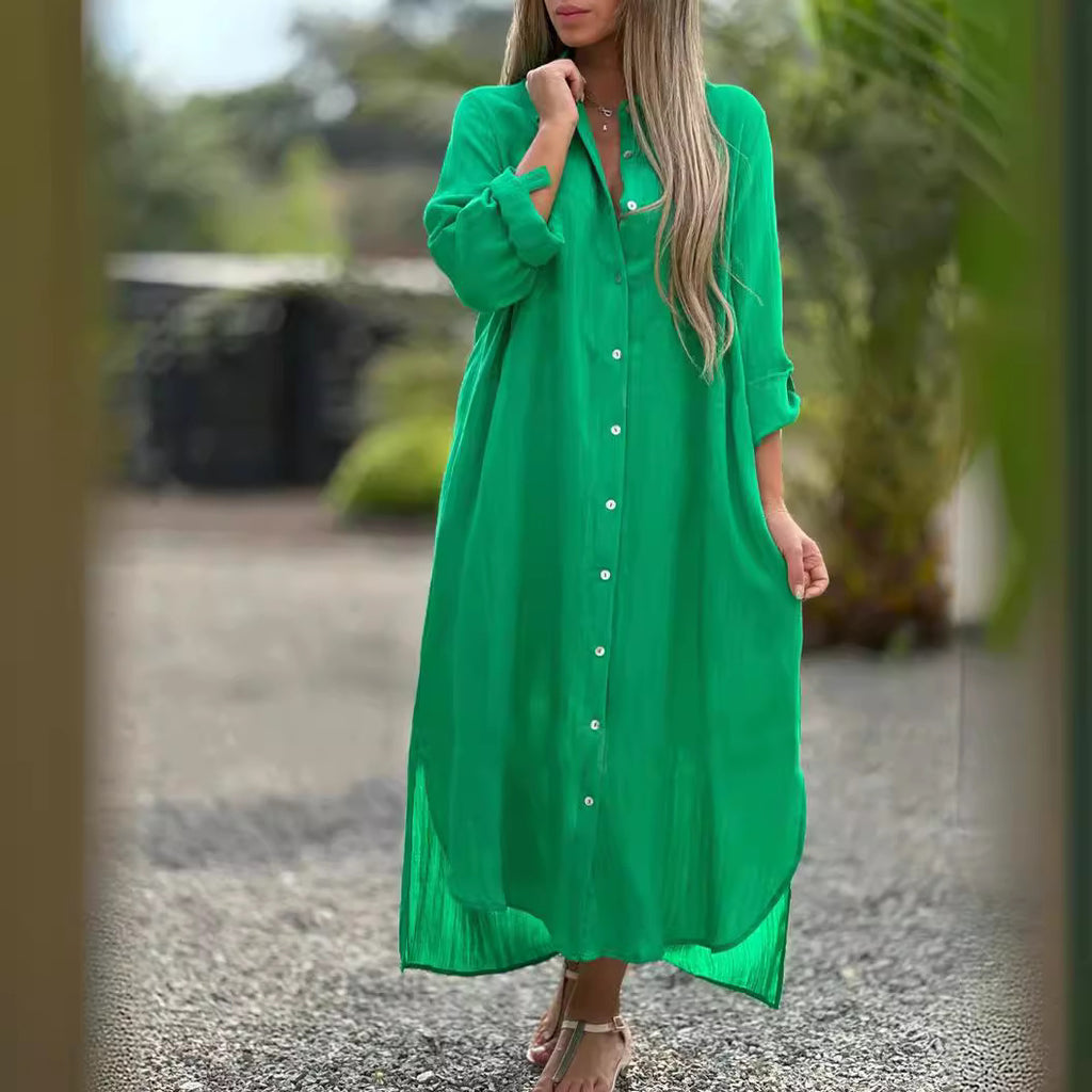 Cotton Linen Long Sleeve Shirt Dress Relaxed Fit