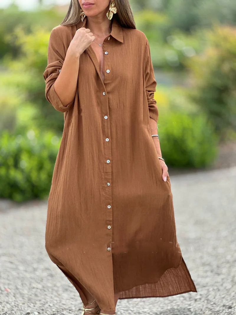 Cotton Linen Long Sleeve Shirt Dress Relaxed Fit