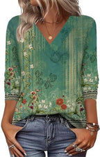 20 Colors Cross-Border European and American Women's Clothing Amazon 2025 Autumn Loose Casual Printed Long Sleeve V-Neck T-Shirt Top