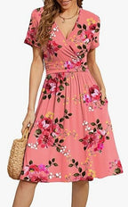 V Neck A Line Mid Calf Dress Women Casual