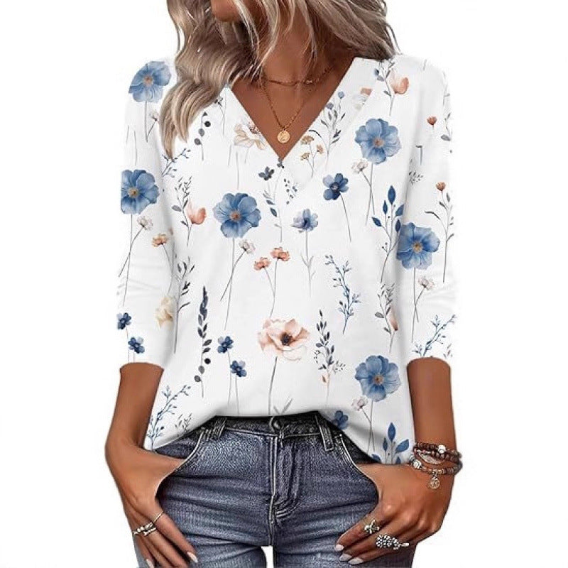 20 Colors Cross-Border European and American Women's Clothing Amazon 2025 Autumn Loose Casual Printed Long Sleeve V-Neck T-Shirt Top