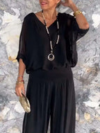 Lightweight Two Piece Women Outfit V Neck Wide Leg Pants