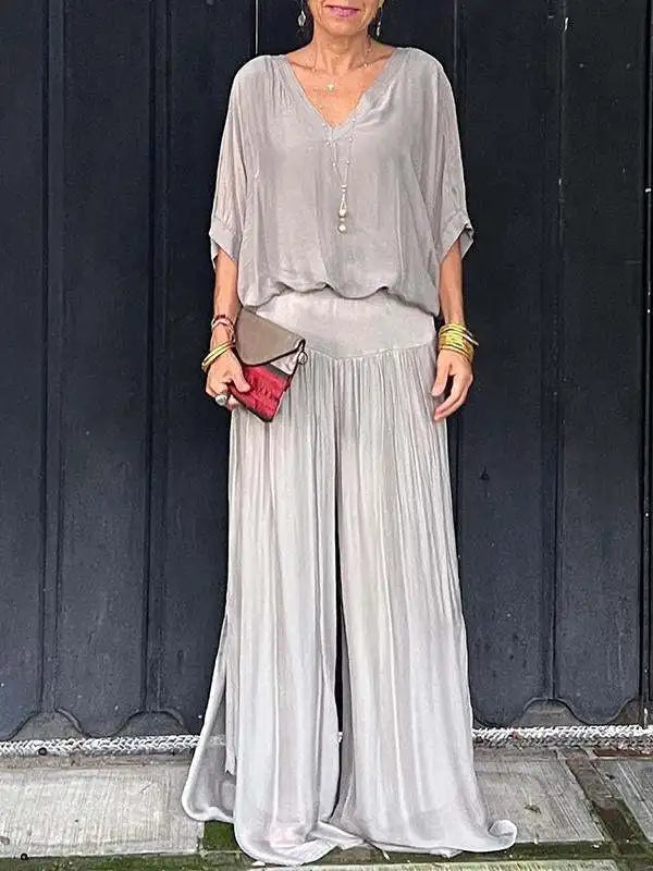 Lightweight Two Piece Women Outfit V Neck Wide Leg Pants
