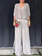 Lightweight Two Piece Women Outfit V Neck Wide Leg Pants