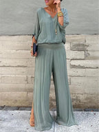 Lightweight Two Piece Women Outfit V Neck Wide Leg Pants
