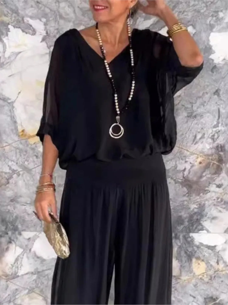 Lightweight Two Piece Women Outfit V Neck Wide Leg Pants