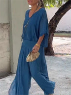 Lightweight Two Piece Women Outfit V Neck Wide Leg Pants