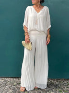 Lightweight Two Piece Women Outfit V Neck Wide Leg Pants