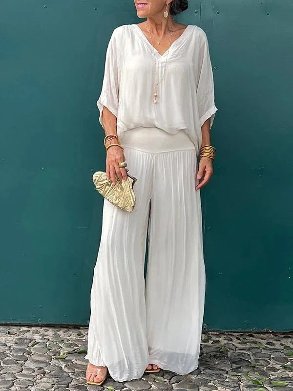 Lightweight Two Piece Women Outfit V Neck Wide Leg Pants
