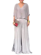 Lightweight Two Piece Women Outfit V Neck Wide Leg Pants