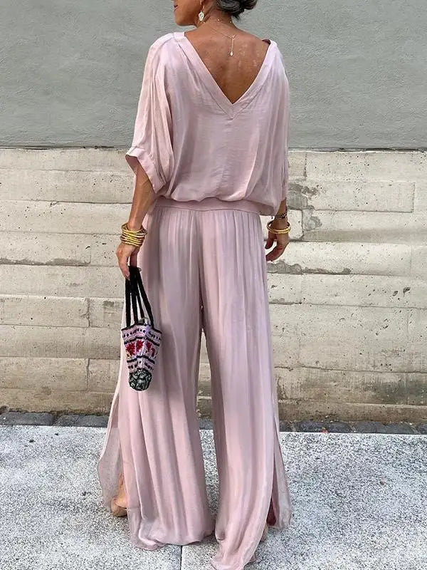Lightweight Two Piece Women Outfit V Neck Wide Leg Pants