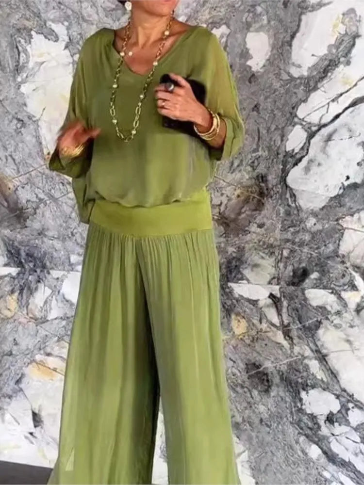 Lightweight Two Piece Women Outfit V Neck Wide Leg Pants