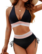 High Waist Bikini Set with Adjustable Fit and Bold Zigzag Detail