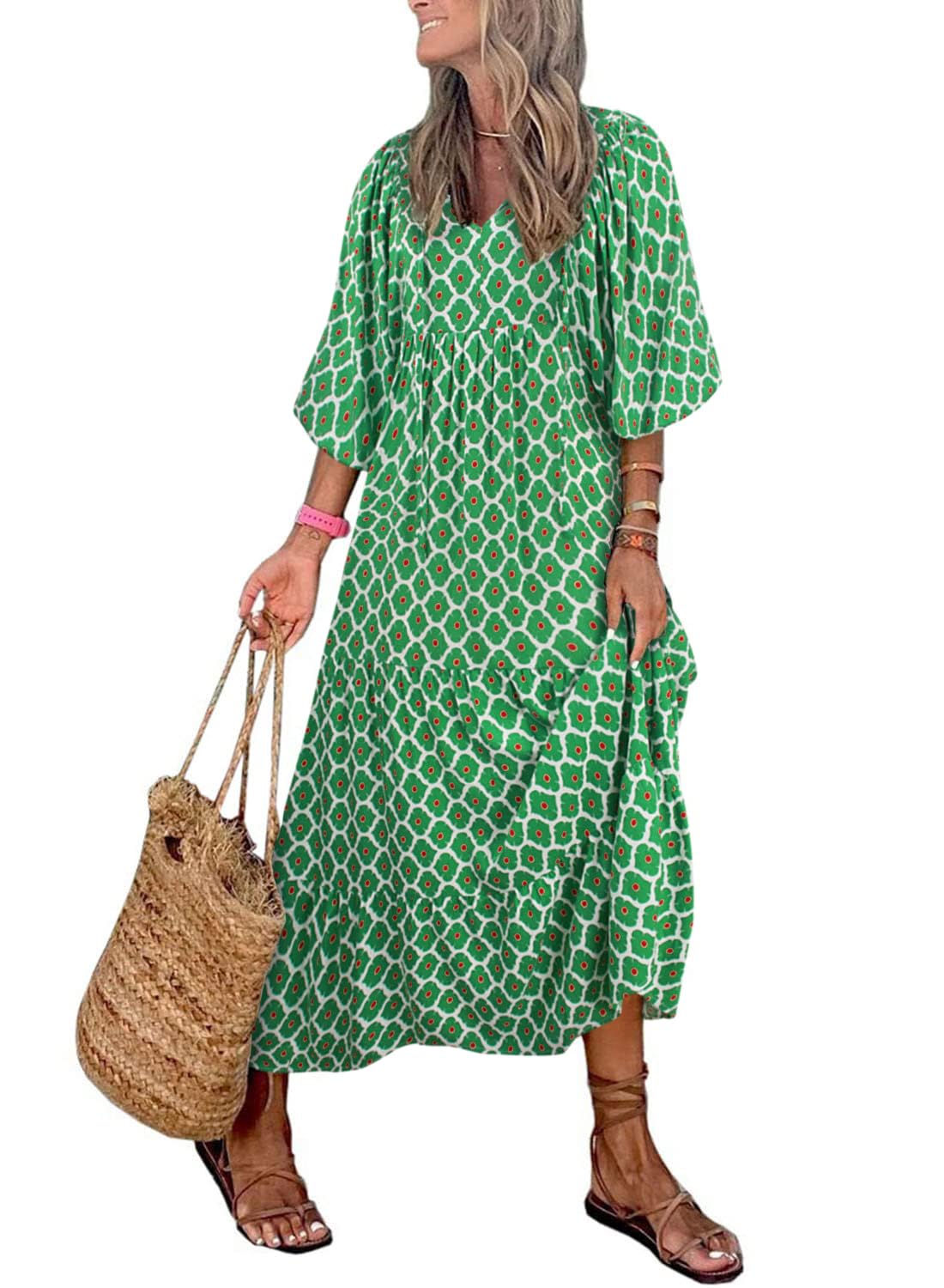 Women's Puff Sleeve Floral Boho Maxi Dress