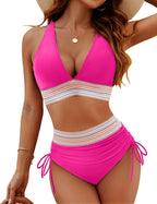 High Waist Bikini Set with Adjustable Fit and Bold Zigzag Detail