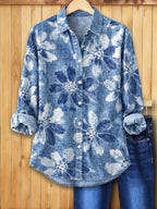 Relaxed Fit Denim Button-Up Shirt Floral Print