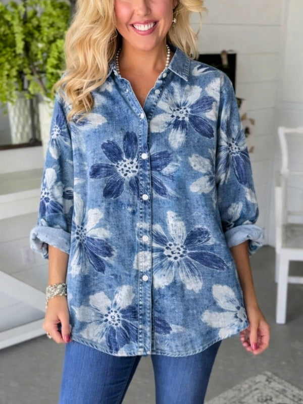 Relaxed Fit Denim Button-Up Shirt Floral Print